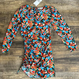 NWT ZARA Floral Print Rauched Side, Long Sleeve Mini Dress Size Medium